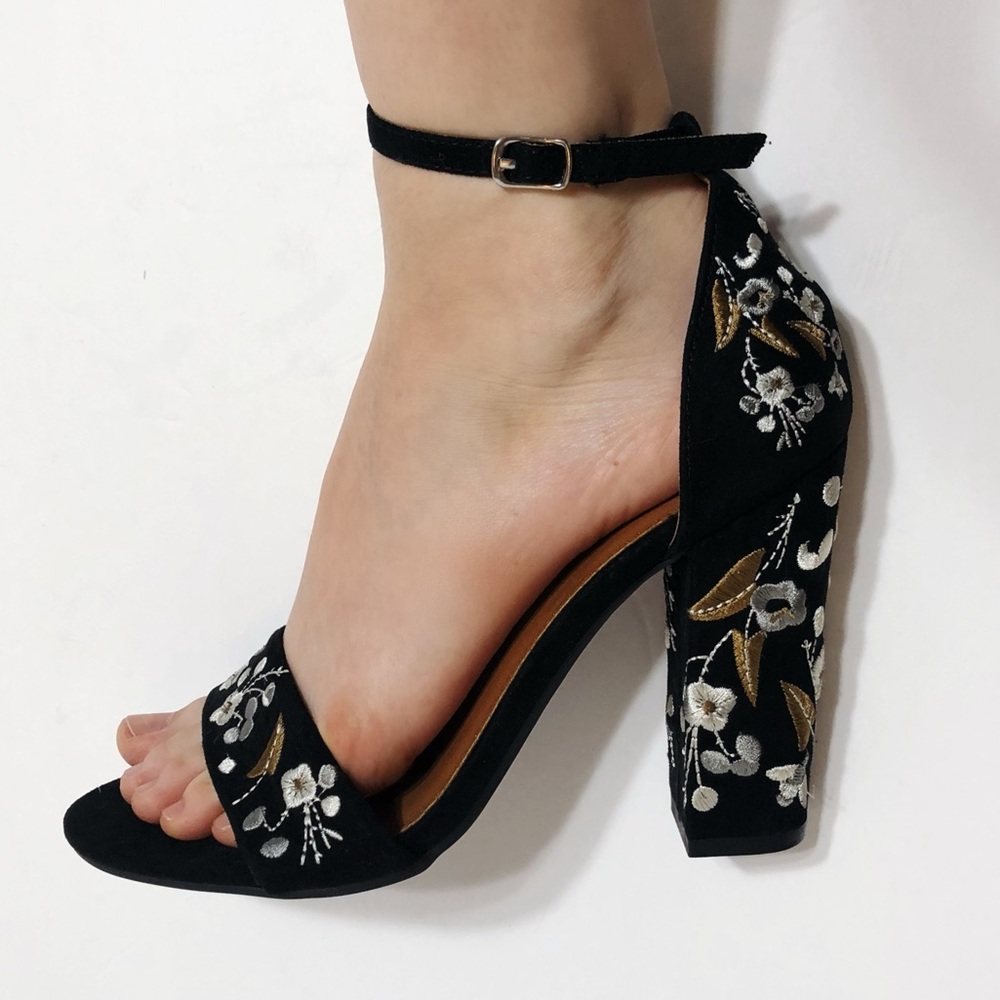Mari A strappy black thick heel floral heels
